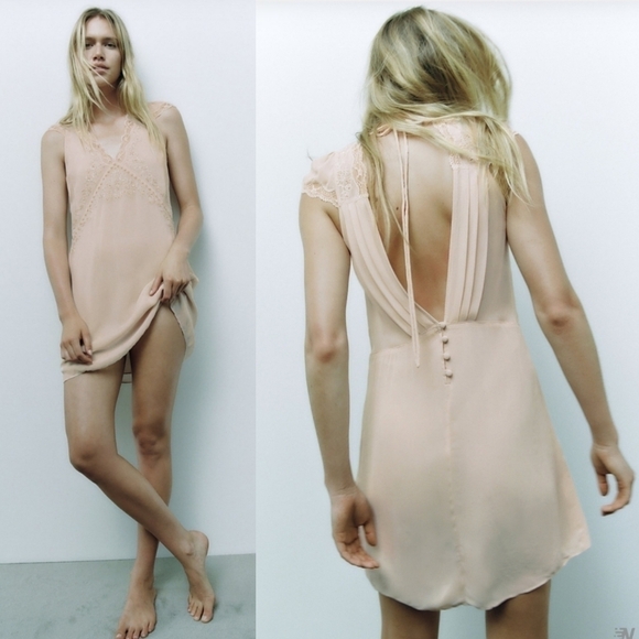 New Zara Limited Edition Embroidered Beaded Lace Blush Slip Mini Dress NWT Large - Picture 1 of 16
